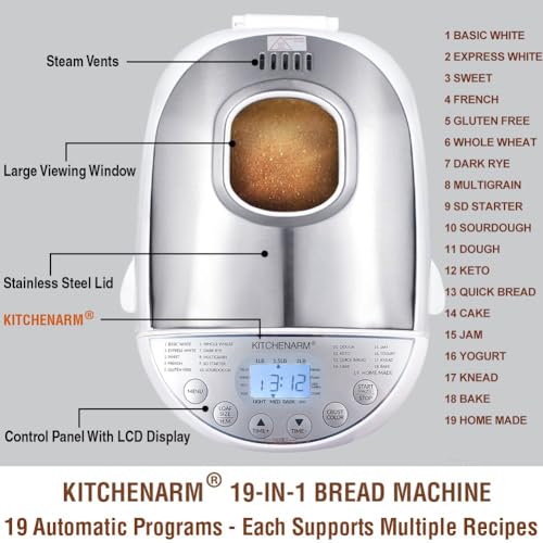 KITCHENARM 19-in-1 HANDY Bread Machine with Homemade Cycle and Gluten Free Setting - Beginner Friendly 2LB 1.5LB 1LB White Bread Maker Machine with Recipes and Delay Timer image 3