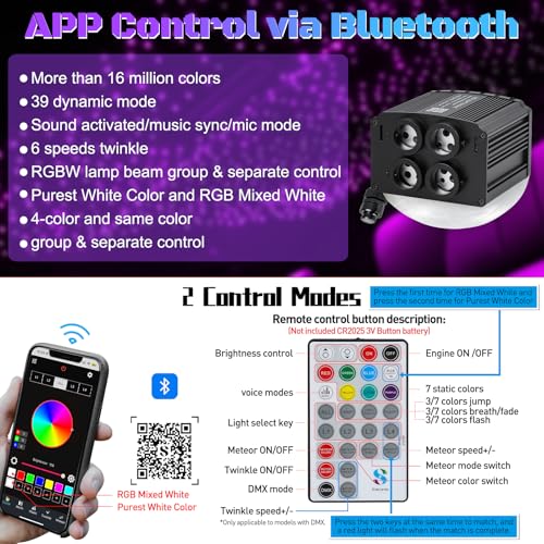 Image of 4 Colors 32W Twinkle Starlight Headliner Kit for Car Home with APP&RF Remote,RGBW 1100pcs*0.03in*13.1ft Cables Fiber Optic Star Sky Roof Lights,4 Port Engine Sound Activated Car Ceiling Star Lights