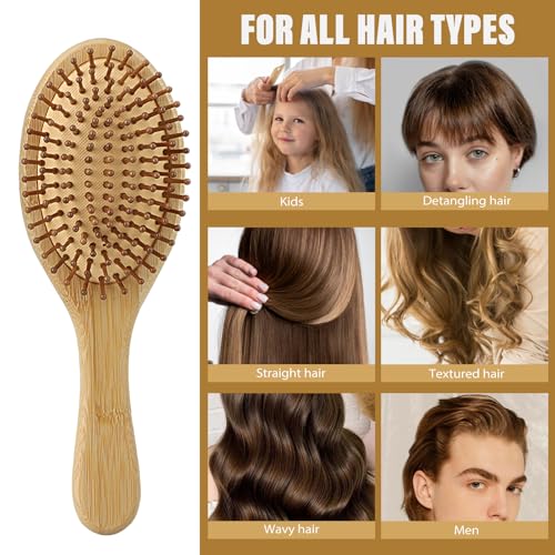 Bambus Haarbürste Holz mit Natur Pins, Bamboo Brush für Frauen Männer und Kinder, Antistatisch und Anti-Frizz Haarbürste (Rund)