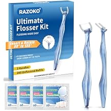 RAZOKO Flosser Kit, Shred-Resistant, Insert & Rotate 90 to 135 for Hard-to-Reach Areas, PTFE & PFAS Free, 2 Handles + 240 Refill Heads, Blue