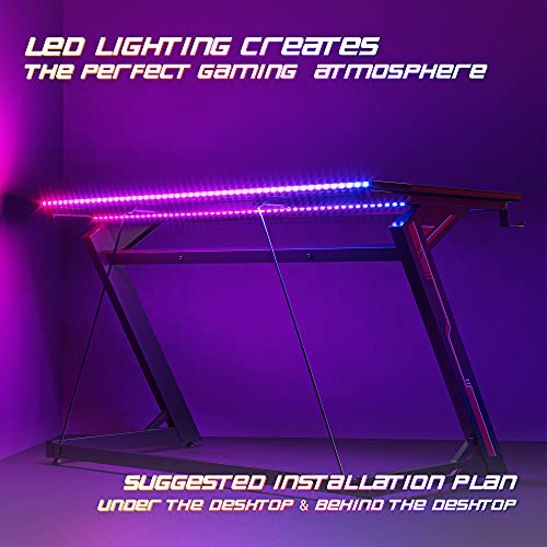 Fezibo Gaming Desk 40 Inch With Led Lighting, Pc Computer Desk Gaming Table Z Shaped Gamer Workstation With Wire Mesh, Black #TOP2