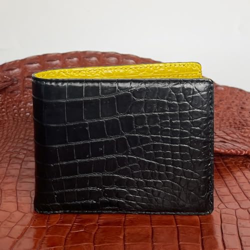 Image of HATA Black Yellow Bifold Leather Wallet for Men, Exotic Double-Sided Leather Wallet with RFID Blocking & ID Window Credit Card Holder, Handmade Gift for Birthday, Anniversary, Father's Day VILE-219