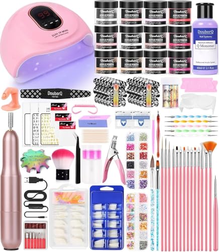 DouborQ Kit d'ongles en acrylique avec perceuse à ongles électrique, lampe à ongles, faux ongles, kit de démarrage en acrylique pour débutant avec tout