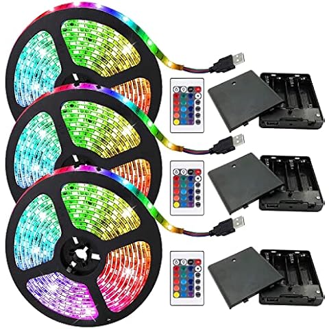 Three Sets Battery Powered Led Strip Lights, 5050 2M/6.6FT, Flexible Color Changing RGB LED Light Strip, 60 LEDs 5V Battery-Powered with Controller. (3) Cover