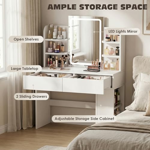 Mesa de maquillaje con espejo LED JUMMICO para organizar cosméticos en el dormitorio blanco 3