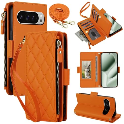 Étui Google Pixel 9A orange avec multi portefeuille zippé en cuir
