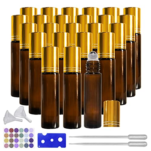 24 Pack Essential Oil Roller Bottles, 10ml Amber Glass Roll-on Bottles with Stainless Steel Roller Balls and Gold Cap