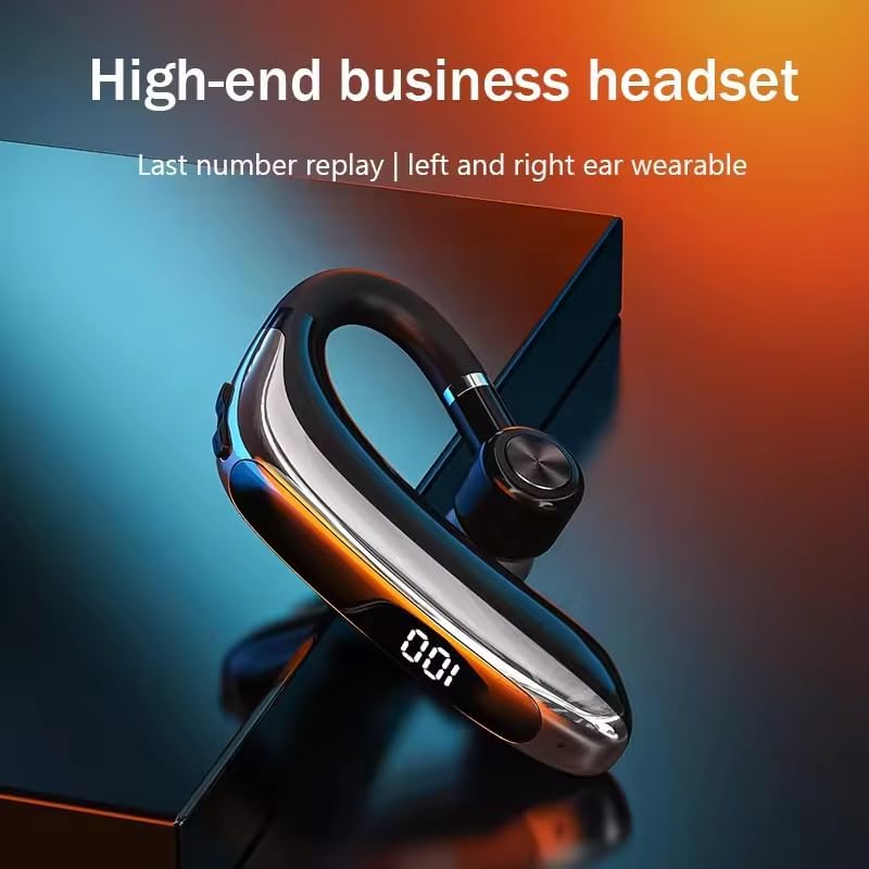 Silver Single Ear Bluetooth Headset Business, Rotating Ear Hook Design, Bluetooth 5.3, ENC Noise Cancelling, Dual Device Connection, 20H Talk Time, LED Display for Office Driving Gym