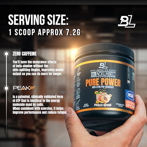 Image of Blacklabel Pure Power Pre Workout Powder, Peach Rings (30 Servings) - NSF Certified for Sport - Caffeine Free Non Stim Pre Workout with Creatine Monohydrate & Peak ATP for Energy & Endurance