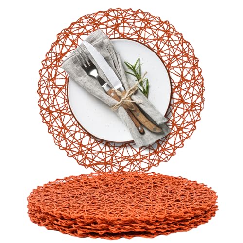 AHHFSMEI Paper Braided Round Placemats Set of 6 Natural Non-Slip Heat Resistant Table Mats for Dining Tables Woven Indoor & Outdoor Place mats(Burnt Orange)