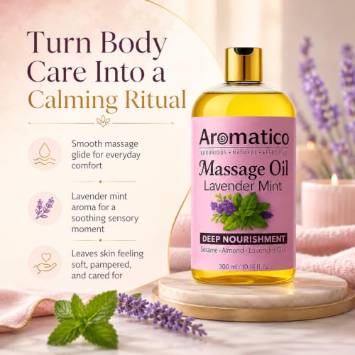 Image of AROMATICO Lavender Mint Massage Oil. Seductive, Sensual Oil for Date Nights -300ml. Intimate, Romantic Massage Oil for Couples. Non-sticky Formula, Natural Ingredients