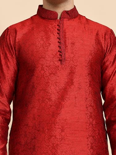 SKAVIJ Men\'s Indian Art Silk Kurta Pajama Wedding Suit Festive Season Party Wear Dress Set (Small, Red)