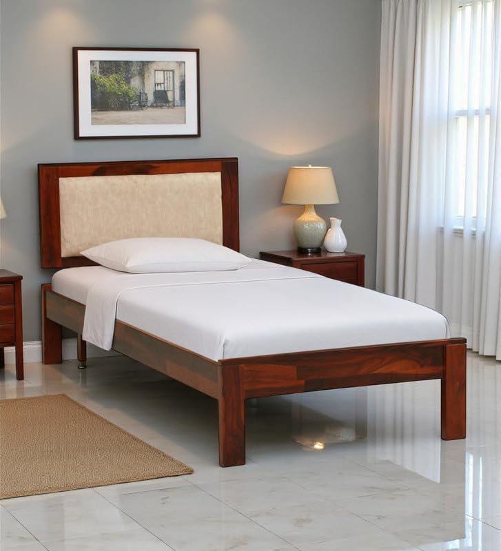 Image of Solid Sheesham Wood Pearl Single Bed Without Storage | Wooden Single Bed Cot Palang Furniture for Bedroom Living Room Home and Hotel (Honey Oak Finish)