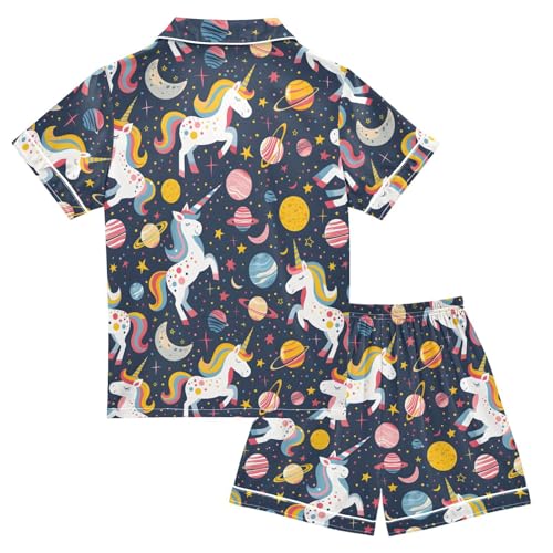 ALAZA Unicorn Planet Space Solar System Satin Pajamas Set Short Sleeve Button Down Sleepwear Summer Pjs 2 Piece2