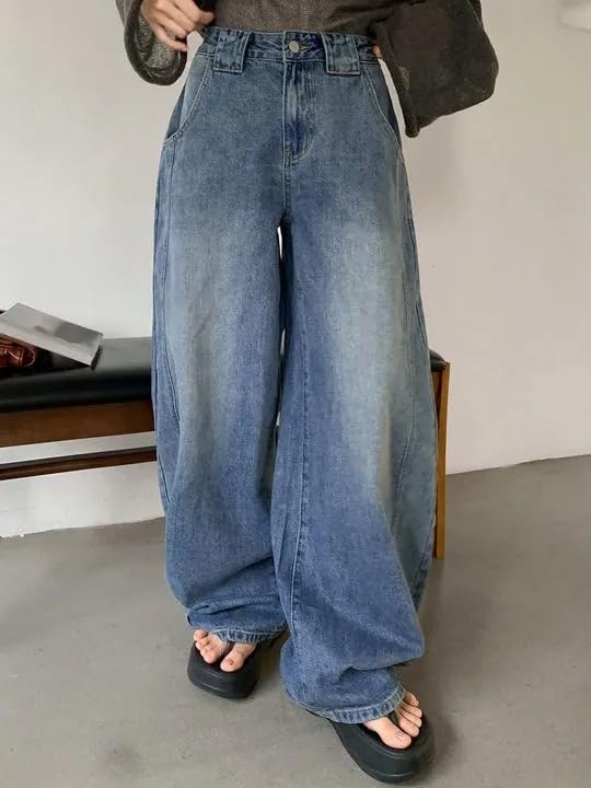 Image of KOTTY Women Trendy Wide Leg Jeans High Waist Baggy Fit Denim Streetwear Jeans