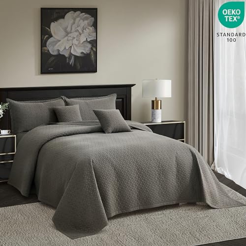 Image of Oversized King Bedspread 128x120 Extra Wide, Diamond Geometric Quilt Set King /Cal King, Lightweight Reversible Coverlet, Straight Edge - Earthy Contemporary Look, 5 Piece, Brown