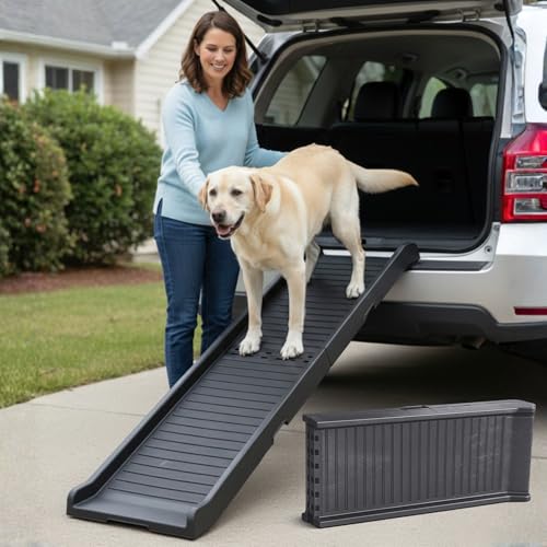 Hunderampe Auto Klappbar 174 cm Lang & 38 cm Breit rutschfeste Gummi Rampe für große Hunde Stabile Hundetreppe Auto & SUV - 85kg Belastbarkeit Klappbare Hundeleiter Auto Dunkelgrau