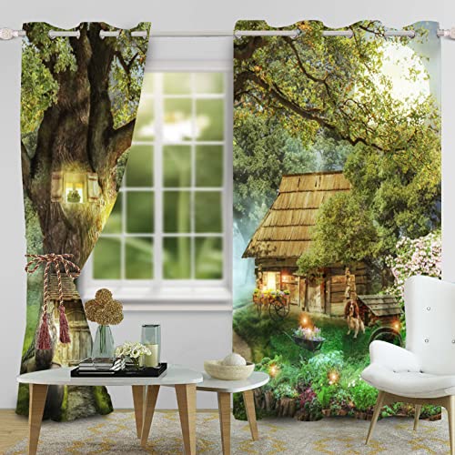 SDOTPMT 117x183cm Magic Tree Window Curtains Wooden House Foggy Forest Lantern Fairytale Window Drape Farm Natural Scenery Window Treatment for Kids Living Room Bedroom Blackout Curtain - Image 4