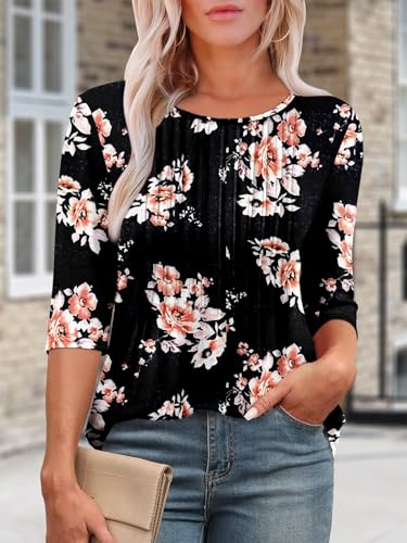 KISSMODA Tunic Tops for Women Loose Fit Dressy Round Neck Pleated 3/4 Length Sleeve Spring Tops