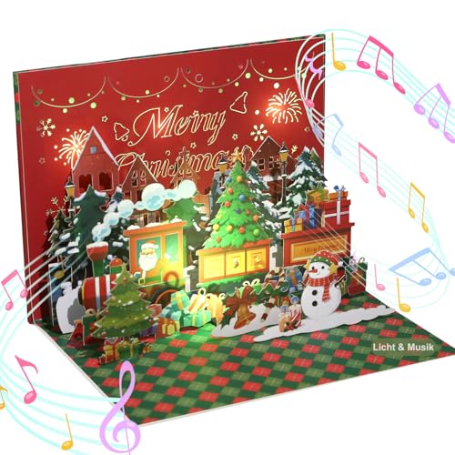 LIHAO Weihnachtskarten mit Umschlag Set mit Musik Weihnachtskarten Pop Up Karten Weihnachten Glückwunschkarte 3D Grußkarte LED Licht Schneemann Zug