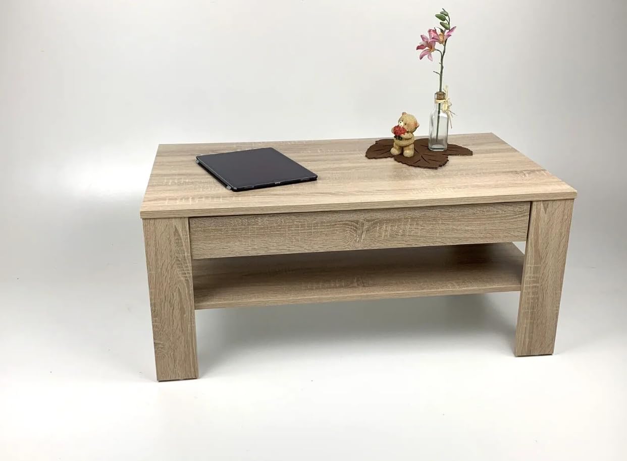 Unbekannt Couchtisch mit Schublade Wohnzimmertisch (EWA) Sonoma Eiche hell Sägerau 100 x 54x 43,5 cm