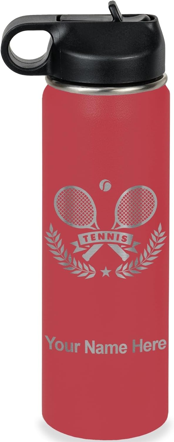 LaserGram Personalized Water Bottle, Tennis Rackets, Stainless Steel Double Wall Vacuum Insulated with Flip Top Straw, Custom Engraved Gift (20oz / 590ml Maroon)