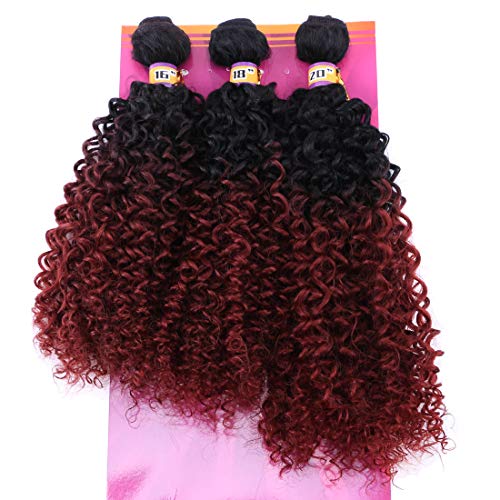 Ombre Burgundy Kinky Curly Synthetic Hair Bundles 16 18 20 Inches Ombre Quick Weave Hair Tracks High Temperature Heat Resistant Fiber Hair Extensions for Women(T1/99j#)