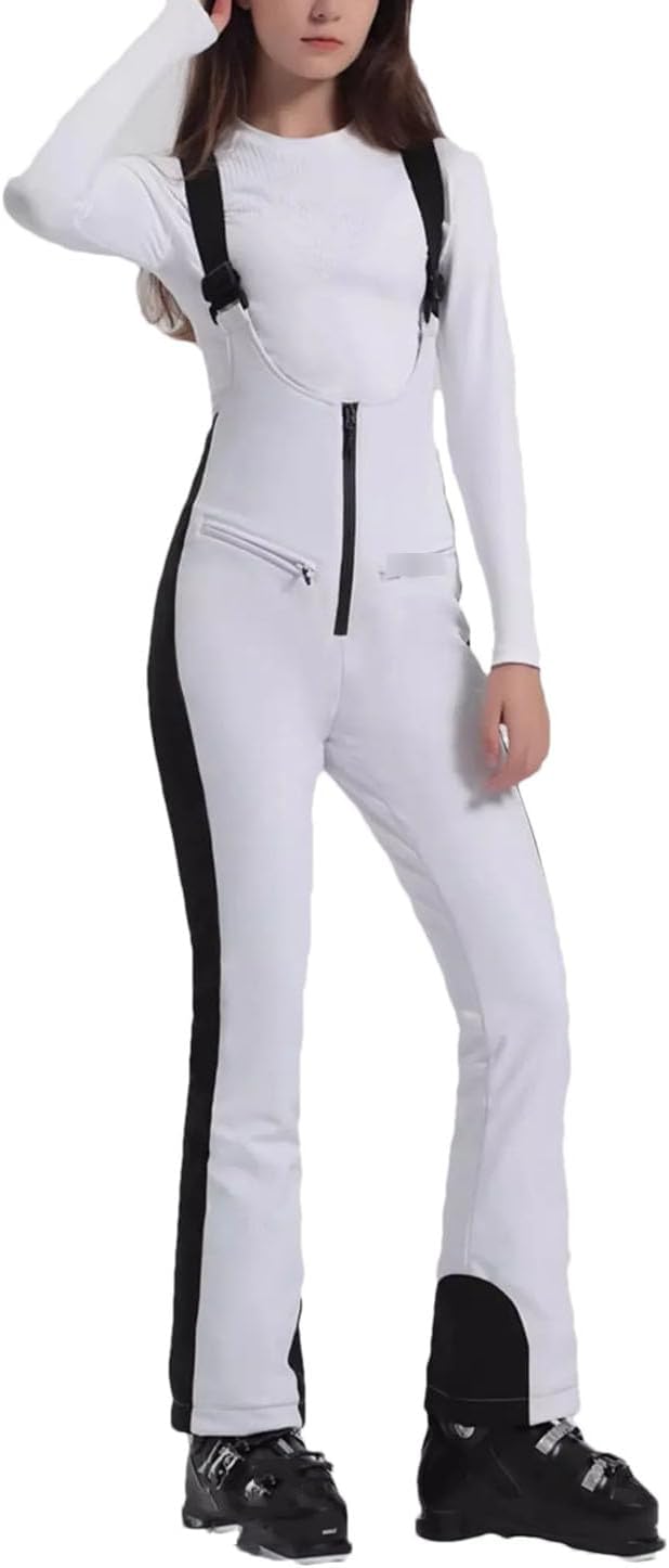 Women Ski Pant High Waist Elastic Snowboard Strap Pant Windproof Winter Zipper Thicken Thermal Trouser