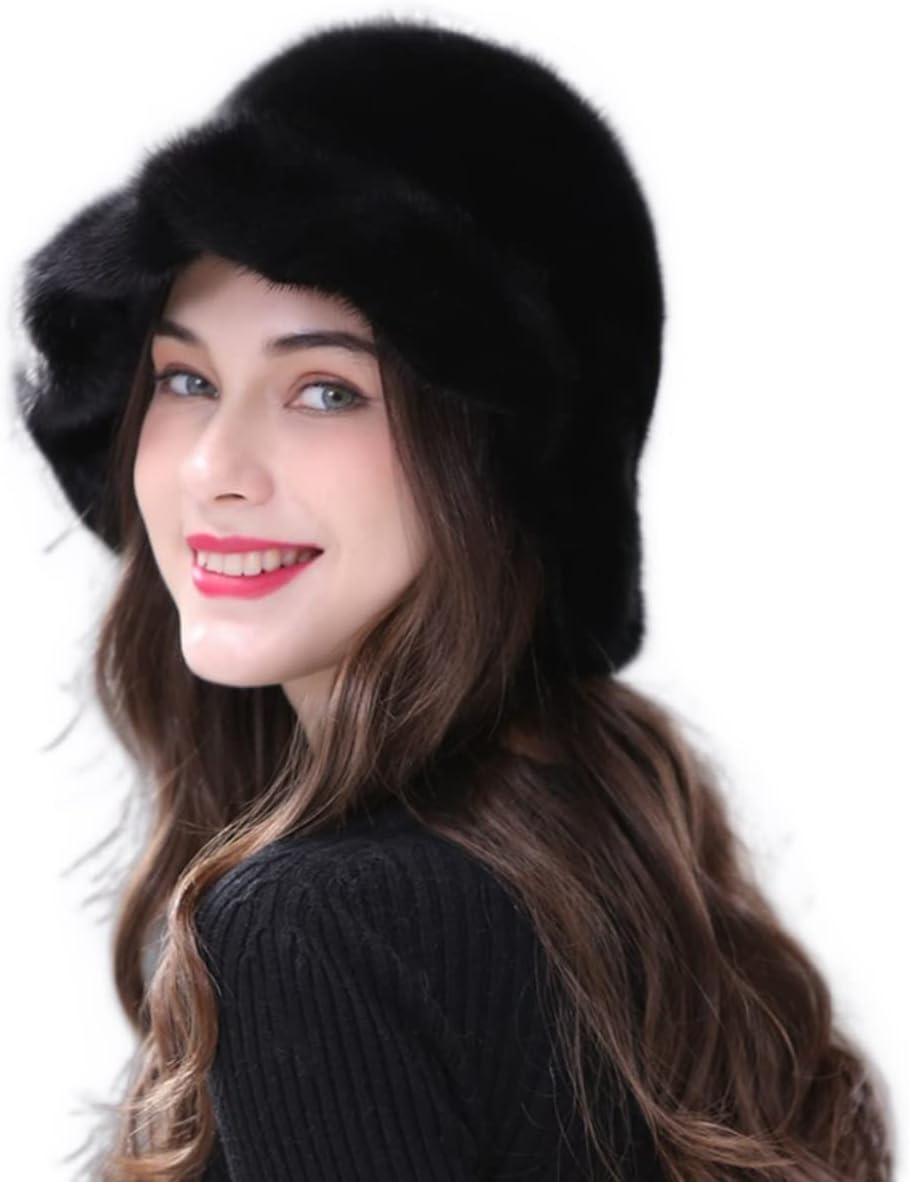 Women Genuine Whole Mink Hair Bucket Hat Winter Warm Ruffled with Flower Indoor Outdoor