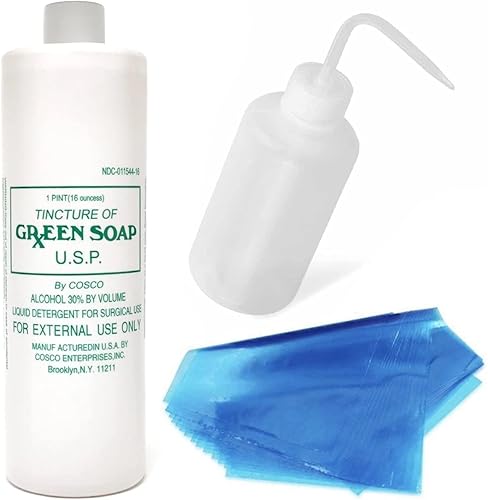 Paquete de jabón verde Cosco de 16 onzas con botella exprimible de 16 onzas y 10 cubiertas para botellas (16 onzas)