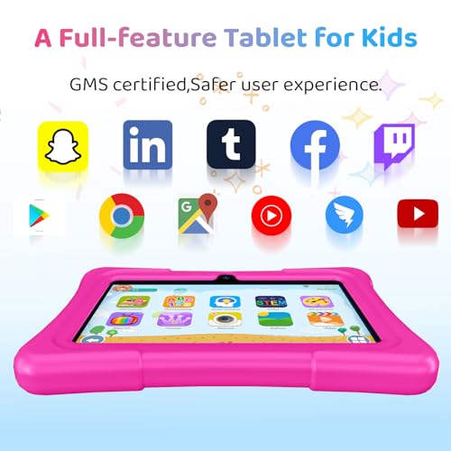 Kids Tablet, 7 inch Android Tablet for Kids, 6GB RAM 32GB ROM Quad-Core Toddler Tablet with Shockproof Case, Bluetooth, WiFi, Parental Control, 2MP+2MP Dual Camera, GPS, Games (Rose)