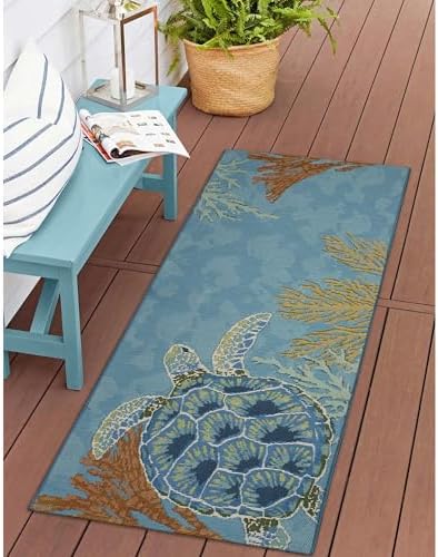 Liora Manne Esencia Machine Washable Non-Slip Low Profile Indoor/Outdoor Mat-Transitional, Coastal, Turtle, Whimsical, Seaturtle Garden Ocean 1'11" x 4'11"