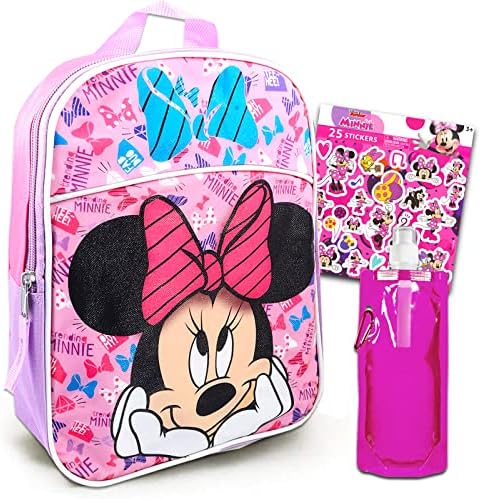 Disney Minnie Mouse Mini Backpack For Girls, Kids ~ 3 Pc Bundle With 12" Minnie School Bag, Water Pouch, Stickers, and More (Minnie Mouse School Supplies Set)