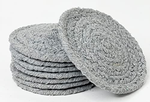 Chardin Home Handmade Braided Round Gray 4 Inch Coasters - Set of 8, Rustic Boho Chic, Absorbent, Table top, bar Coasters for Cold/hot Drinks, Coffee/Tea Cups, Sustainable Recycled Cotton Ropes