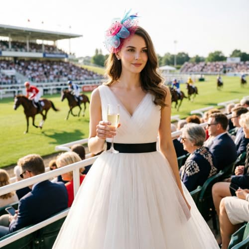 Image of DRESHOW Fascinators Hat Flower Mesh Ribbons Feathers on a Headband and a Clip Tea Party Headwear for Girls and Women