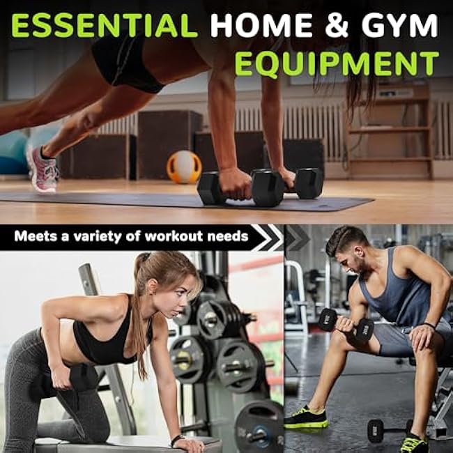 Rubber Encased Exercise & Fitness Hex Dumbbell, Hand Weights with Anti-Slip Metal Handle for Home Gym, Multiple Sizes