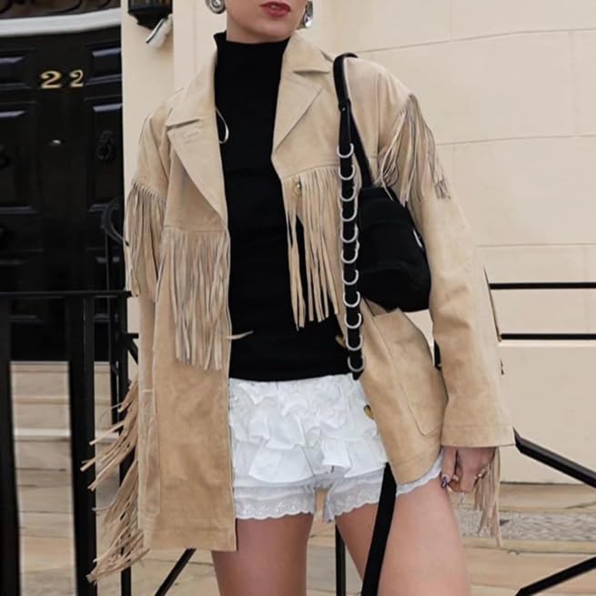Khaki Suede Fringe Jacket Women Cowgirl Outfits Western Oversized Boho Jacket Y2k 90s Fall Aesthetic Streetwear3