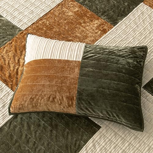 Image of Wonderful 3-Piece Velvet Patchwork Quilt Set, Queen Striped Channel Stitch Green Quilt,Pet-Friendly,Soft Lightweight Comforter Versatile as Quilt /Bedspread for Adults Teens Kids Bedroom,94 inchx94 inch