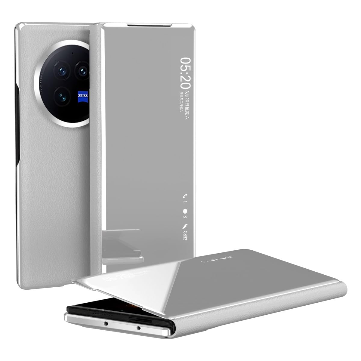 Gruattreay Case Compatible with Vivo X Fold 3 Pro Case View Clear Smart Window, Phone Case Luxury Flip Slim Mirror Hard PC Leather View Clear Smart Window Compatible with Vivo X Fold 3 Pro (Silver)