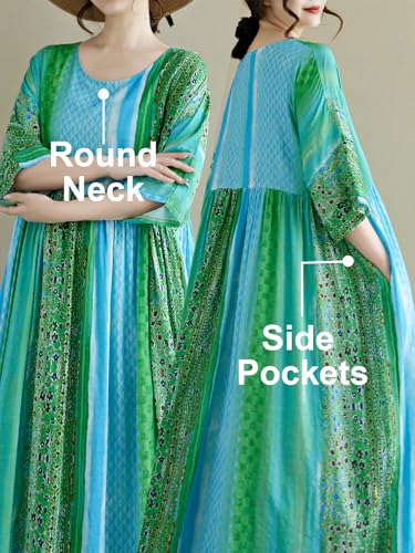 Image of Women Summer Dress with Pockets Plus Size Boho Floral Print Round Neck Loose Casual Flowy Dress