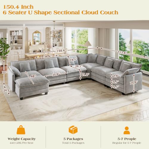 Image of Hanherry Modular Sectional Sofa,Cloud Couch for Living Room,Modern Deep Seat Sofa Chenille Fabric Comfy Couches with Throw Pillows & Movable Ottoman for Apartment