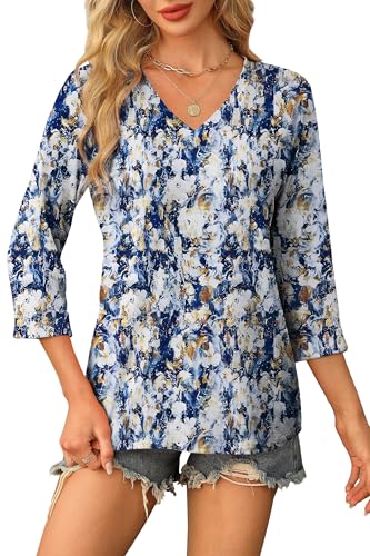 WIHOLL Womens Tops 3/4 Length Sleeve V Neck Casual Tunic Tops Basic Shirts Loose Fit Blouse3
