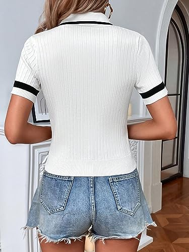 Image of Verdusa Women's Casual Striped Print Collar Short Sleeve Ribbed Knit Top Pullover Sweater White S