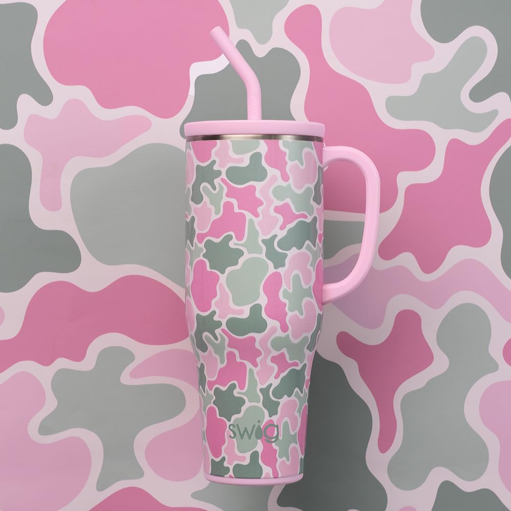 Swig Life Grande tasse de 1200 ml, gobelet de 1200 ml avec poignée et paille, gobelets isothermes, très grand format, adapté aux porte-gobelets, tasse de voyage (camouflage pâle)
