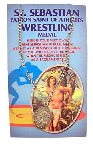 WJH Silver Tone Patron of Sports Saint Sebastian Wrestling Athlete Medal necklaces, 1 Inch2