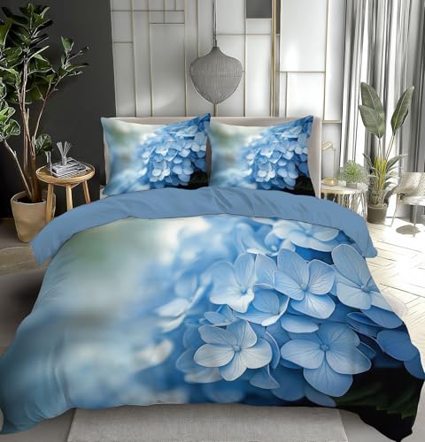 JEDTAKCT Simple Hydrangea Duvet Cover Set Single, Blue-Gray Reversible Duvet Cover Matching 2 Pillow Shams, 3D Print Plant Aesthetics Lightweight Bedding Set With Zipper For Teens Adults