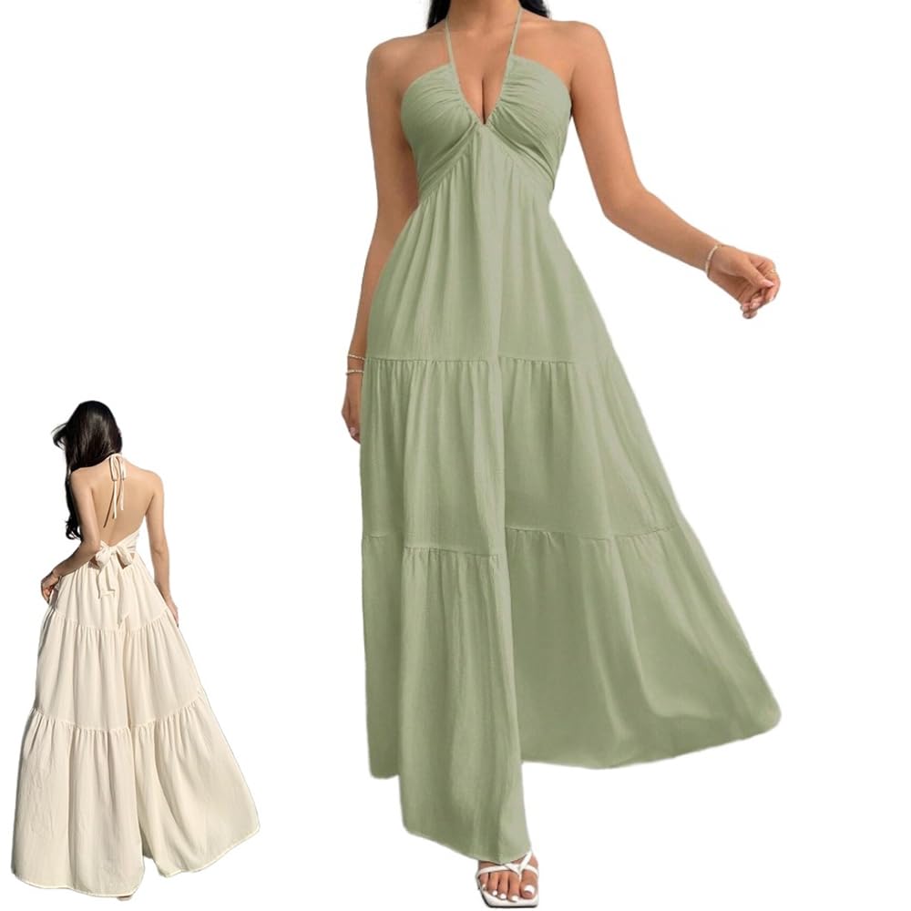 QWSYGH 2025 Women Halter V Neck Backless Long Dresses Flowy Adjustable Spaghetti Strap Ruffle Sexy Beach Beach Sundress (Green,S)