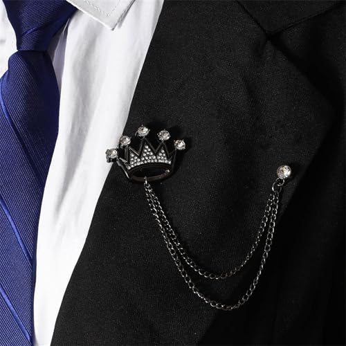 Image of coadipress Crown With Hanging Chain Brooch for Women Men Elegant Gentlemen Gold Silver Crystal Crown Lapel Pin Vintage Rhinestone Wedding Brooch Suit Shirt Pin Accessories