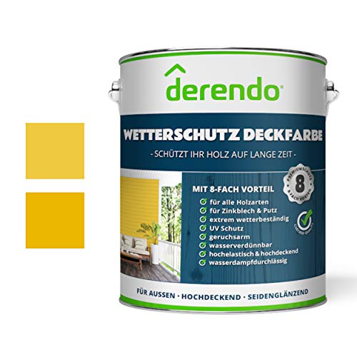 derendo Holzfarbe gelb, 750ml seidenglänzend, Wetterschutzfarbe für Außen, Holzschutzfarbe mit hoher Deckkraft, wasserverdünnbar (750ml, zinkgelb RAL 1018) Cover
