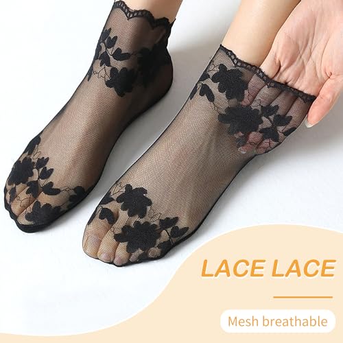 Image of SooGree 3Pairs Lace Socks No Show Frilly Ankle Socks Knit Cotton Socks Non Slip Low Cut Socks for Women Lace Floor Socks